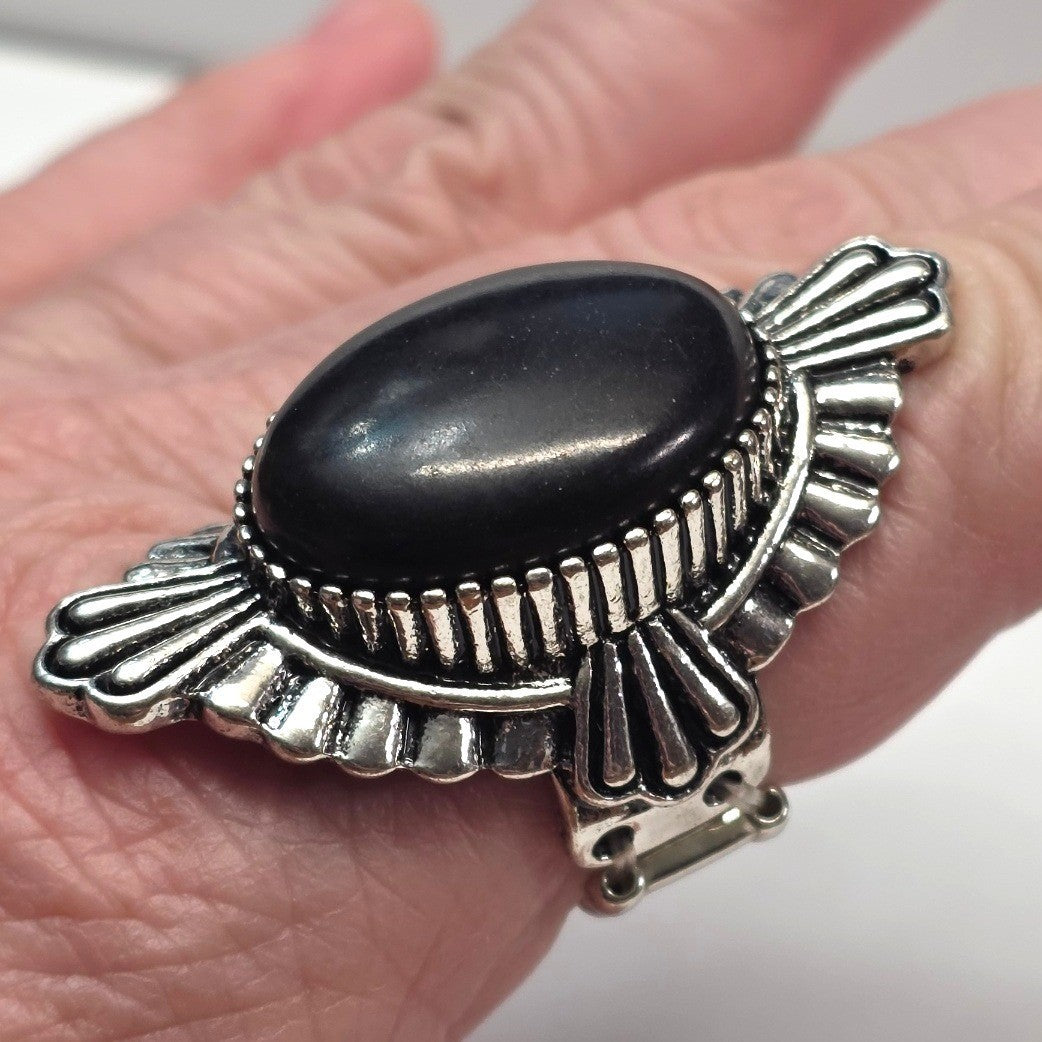 New Huge Ring Women Black Oval Stone Silver Tone Stretch Band Heavy Statement