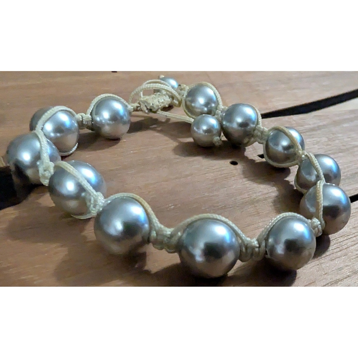 Handmade Macrame Faux Pearl Bracelet Women OS Silver Cream Chunky Beaded Jewelry