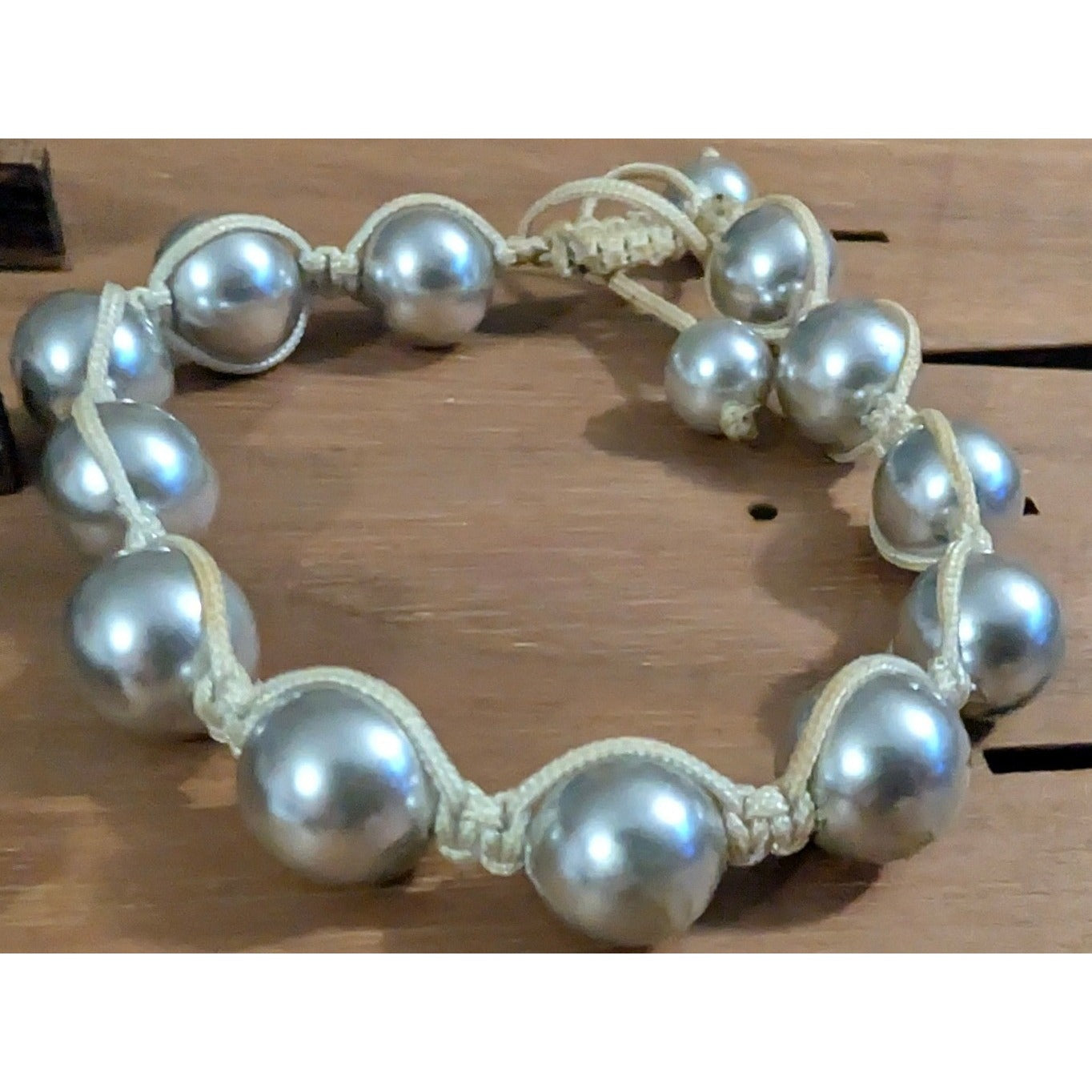 Handmade Macrame Faux Pearl Bracelet Women OS Silver Cream Chunky Beaded Jewelry