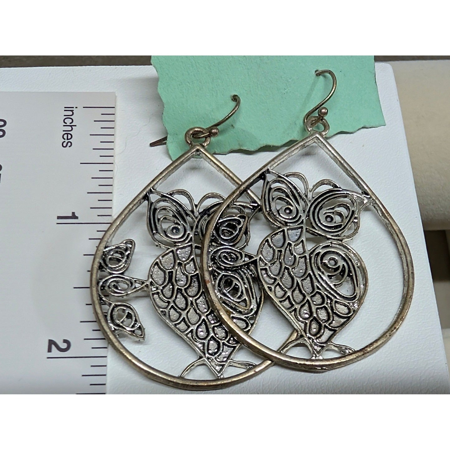 Vintage Owl Filigree Teardrop Dangle Earrings Birds Silver Tone Whimsical