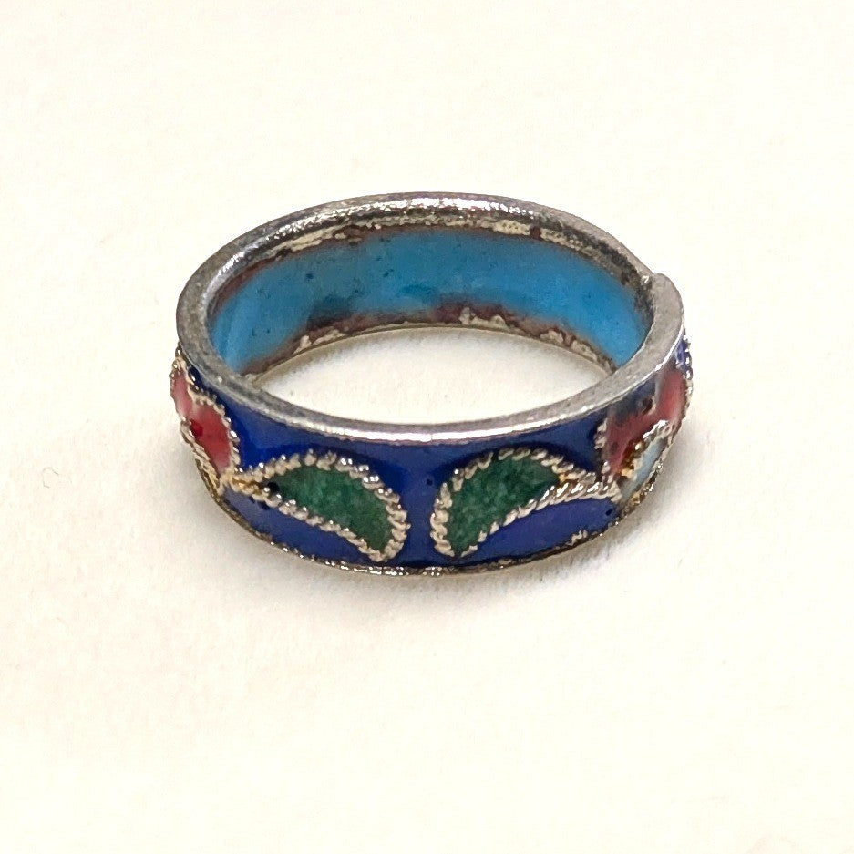 Vintage Cloisonne Enamel Inside Heart Band Ring Size 5.5 Blue Red Green Boho