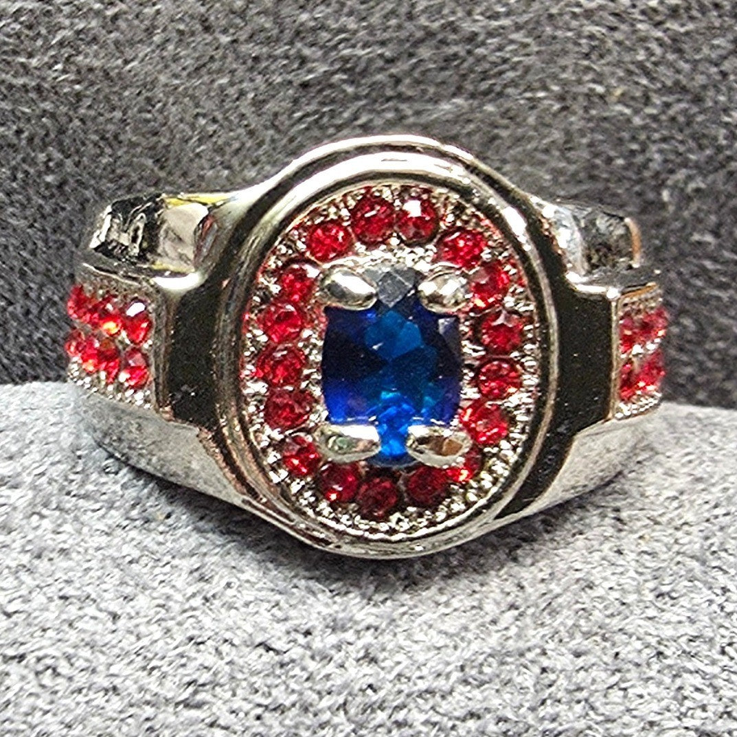 New Statement Signet Ring Size 8 Silver Tone Red Blue Rhinestones Pave Patriotic