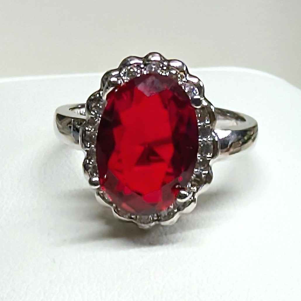 New 925 Marked Red Stone Halo Ring Plus Size 9.5 SilverTone Oval Rhinestones