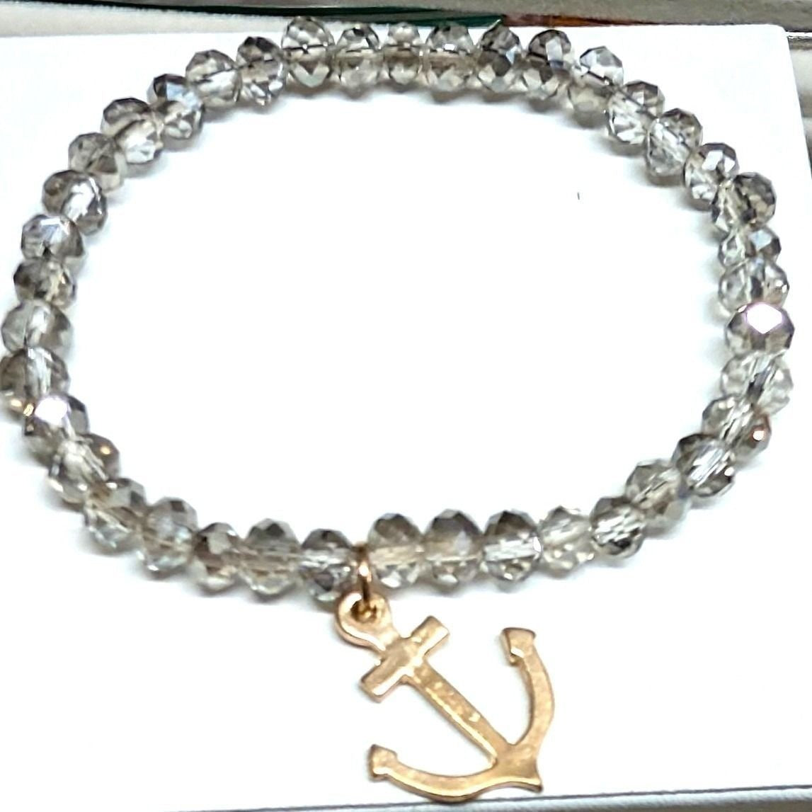 Anchor Charm Beaded Stretch Bracelet Clear Gray Gold Silver Nautical Coastal