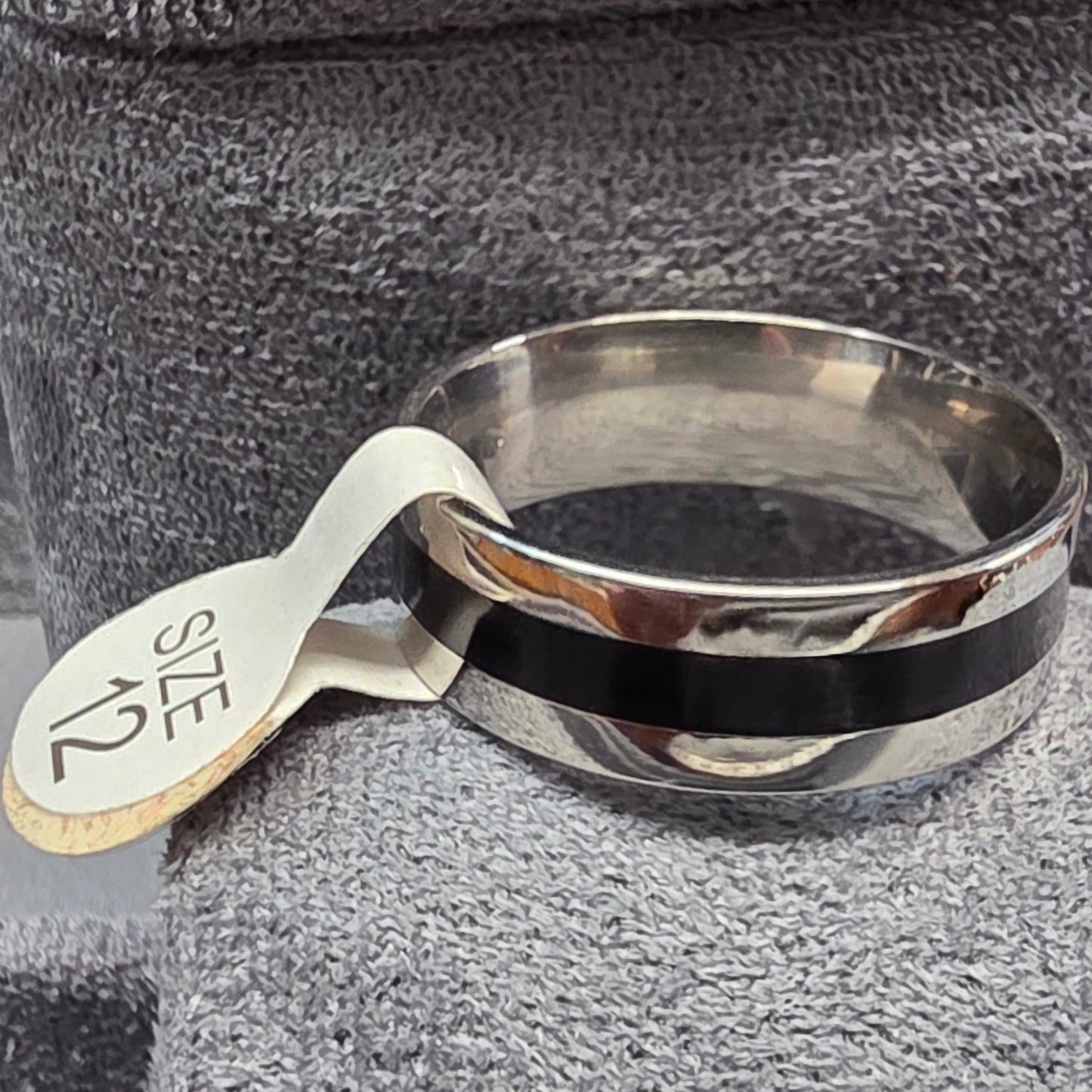 New Band Ring Plus Size 13 SilverTone Black Inlay Wedding Thumb Commitment Shiny