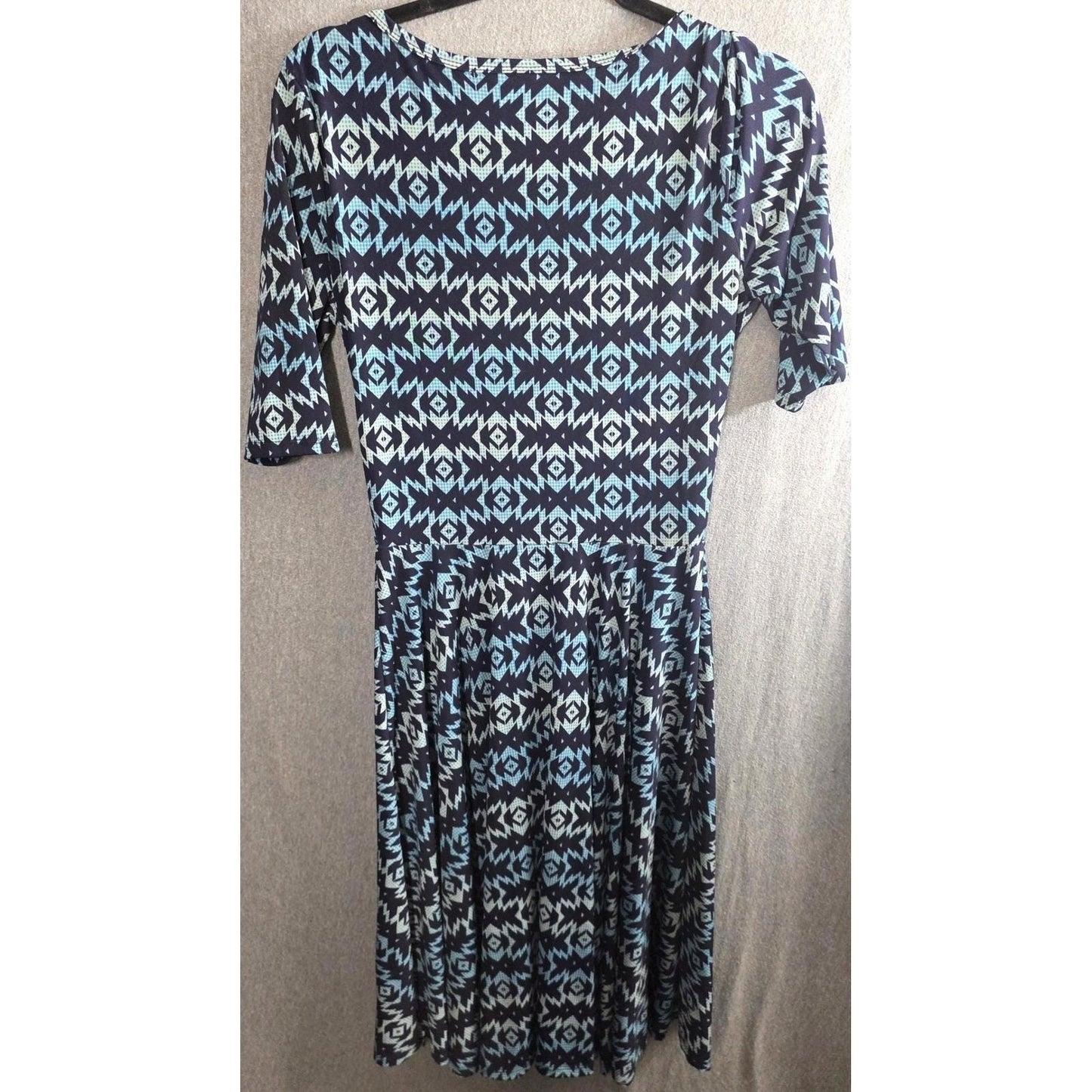 LuLaRoe Nicole Fit & Flare Dress Medium M Med Blue Geometric Aztec Short Sleeves