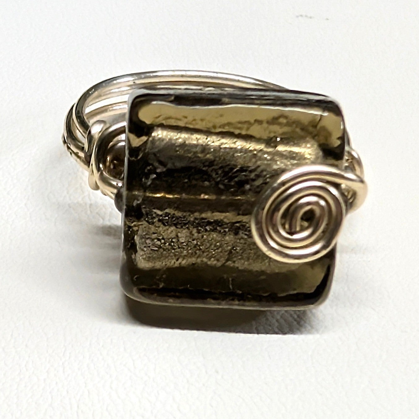New HandMade Murano Glass Wire Wrapped Ring Sz 9.5 Brown Silvertone Foil Spiral