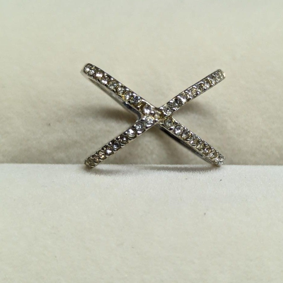 Clear Rhinestones Crystal X Ring Size 7 SilverTone Pave Criss Cross Crossover