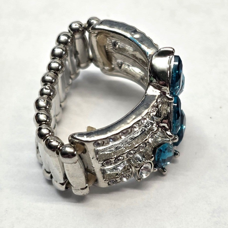 New Teal Blue Clear Rhinestone Stretch Band Ring Plus Size Silver Tone Statement