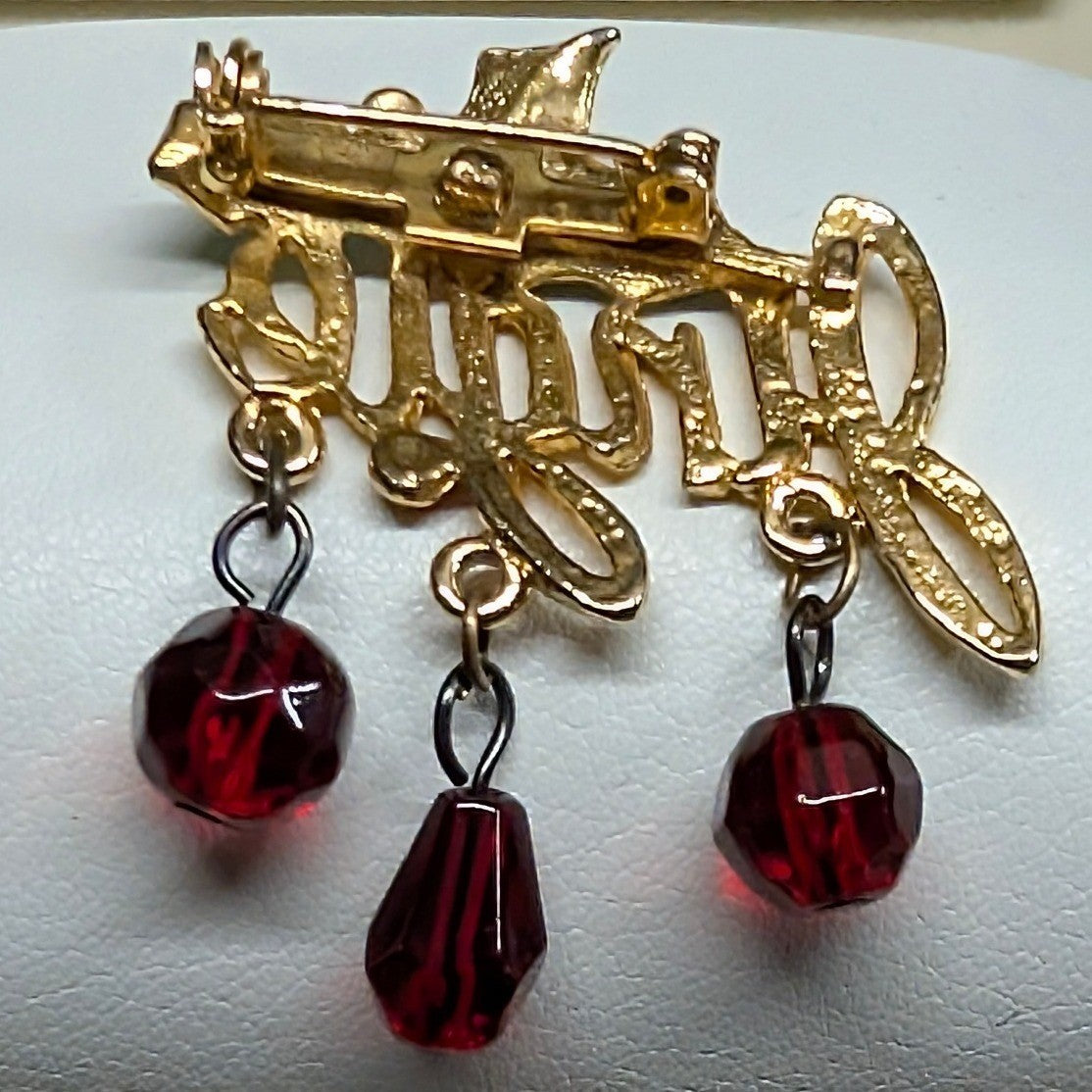 Vintage Jingle Bell Holly Brooch Pins Gold Tone Red Green Holiday Dangle Enamel