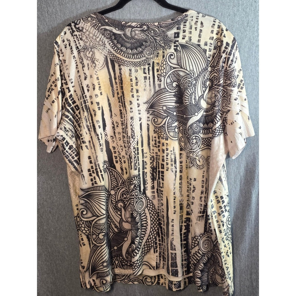 CJ Banks Top Plus Size 3X Eyelet Beige Paisley‎ Abstract Short Sleeve Pullover