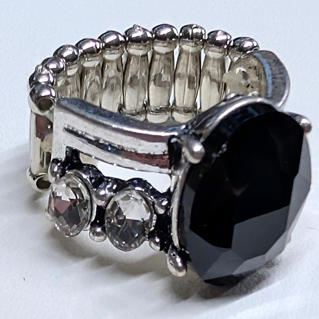 Black Oval Faceted Stone Stretch Ring SilverTone Clear Rhinestone Bold Statement