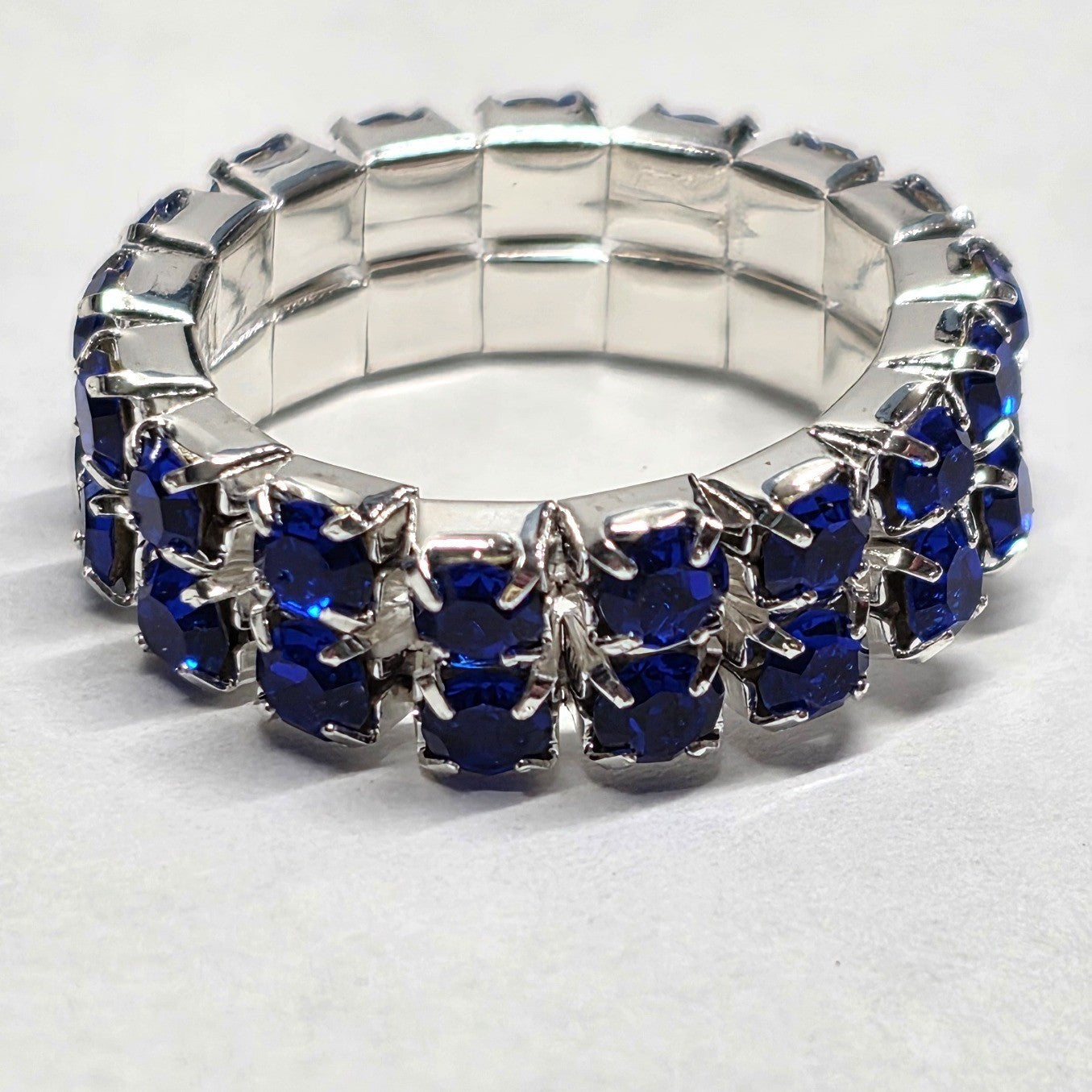 New Blue Rhinestone Stretch Ring Band Two Rows Silver Tone Crystal