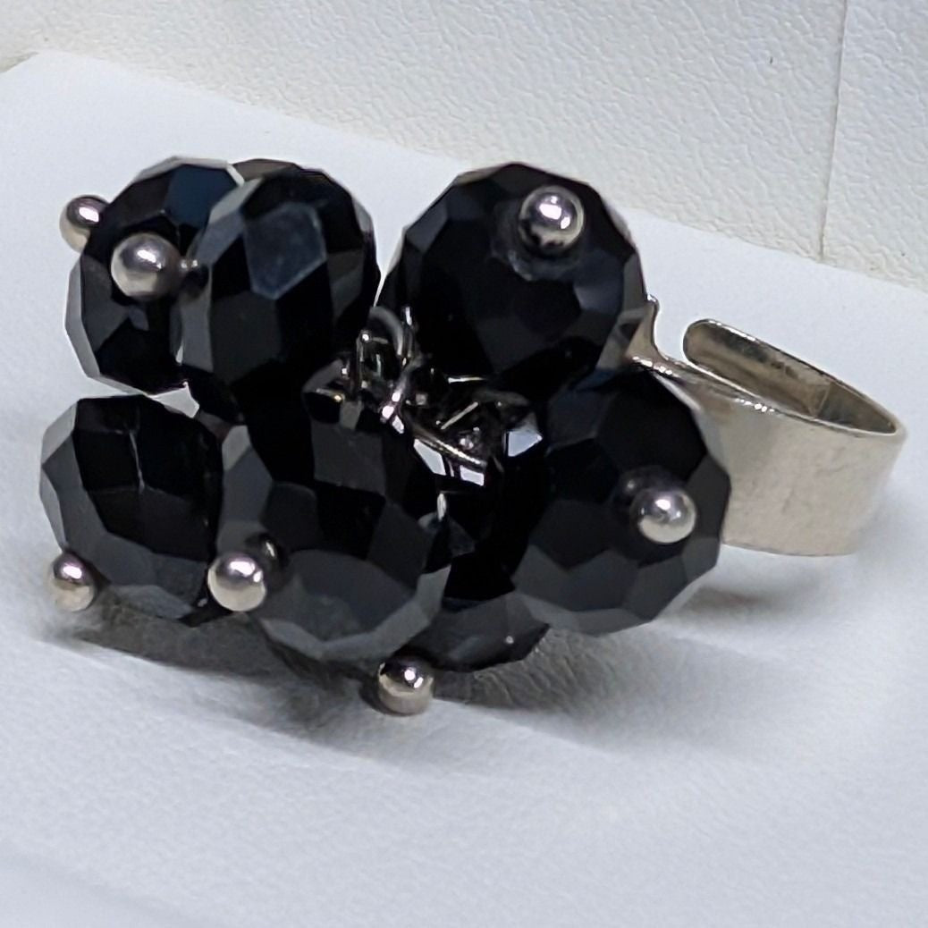 New Black Beaded Cluster Statement Ring Adjustable Faceted Silver Tone Cha Cha