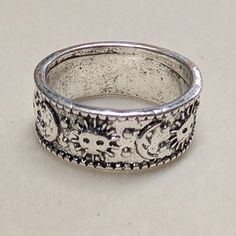 New Sun Moon Stars Celestial Band Ring Unisex Size 7 SilverTone Boho Mystic Wide
