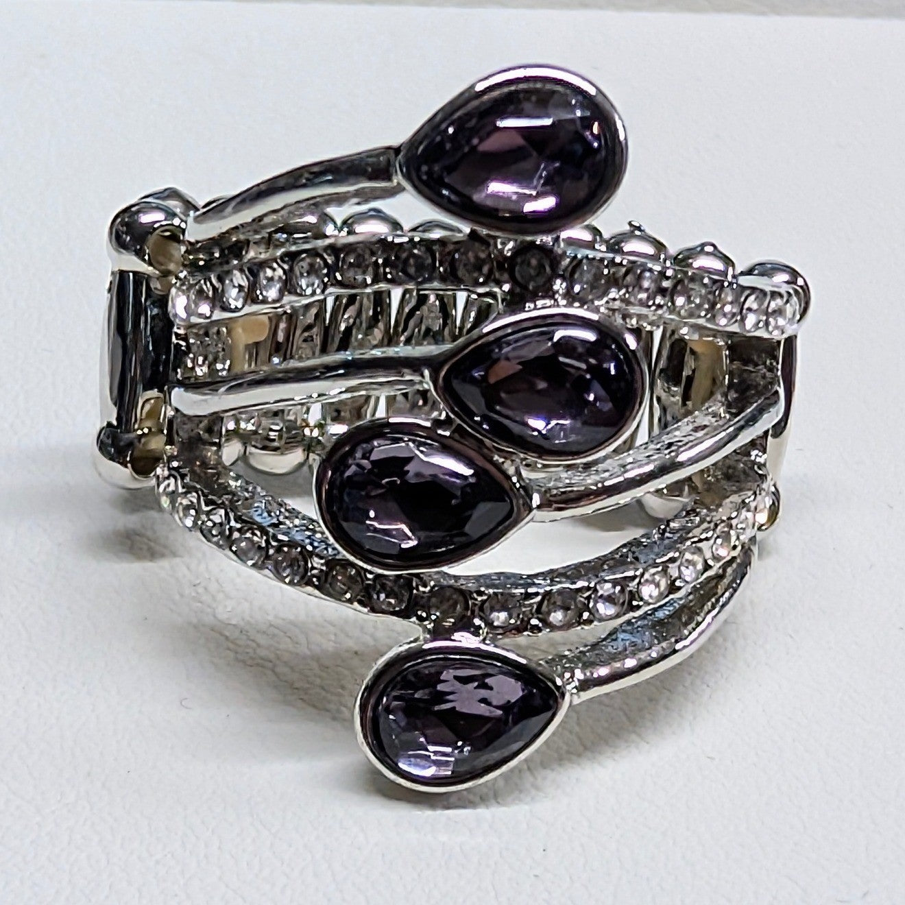 New Purple Teardrop Rhinestone Stretch Ring Purple Tear Drop Clear Silver Tone