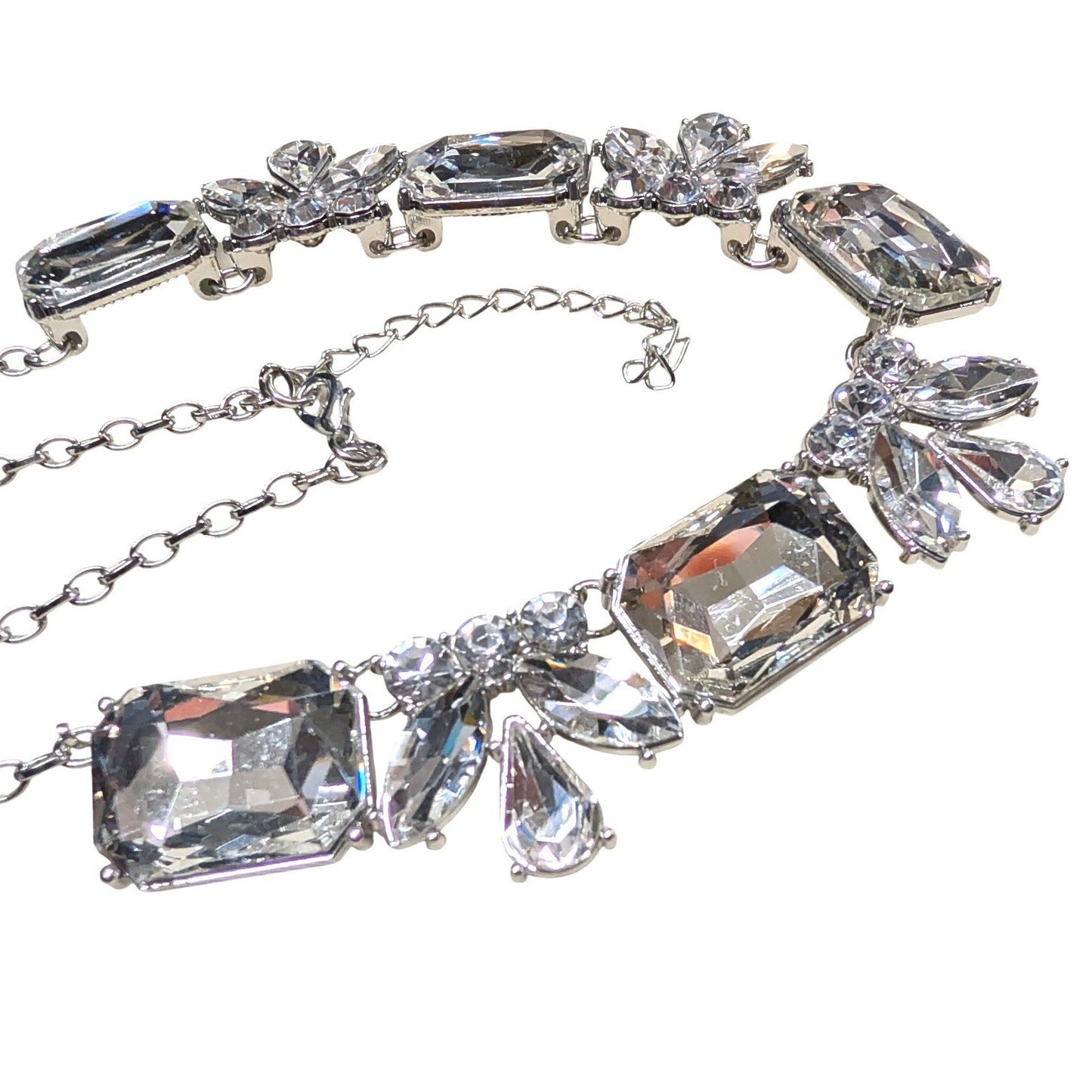 New Chunky Clear Crystal Statement Necklace SilverTone Rhinestones Bib Sparkly