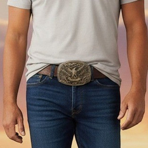 New Bald Eagle American USA Flag Belt Buckle Bronze Tone Patriotic Western Biker