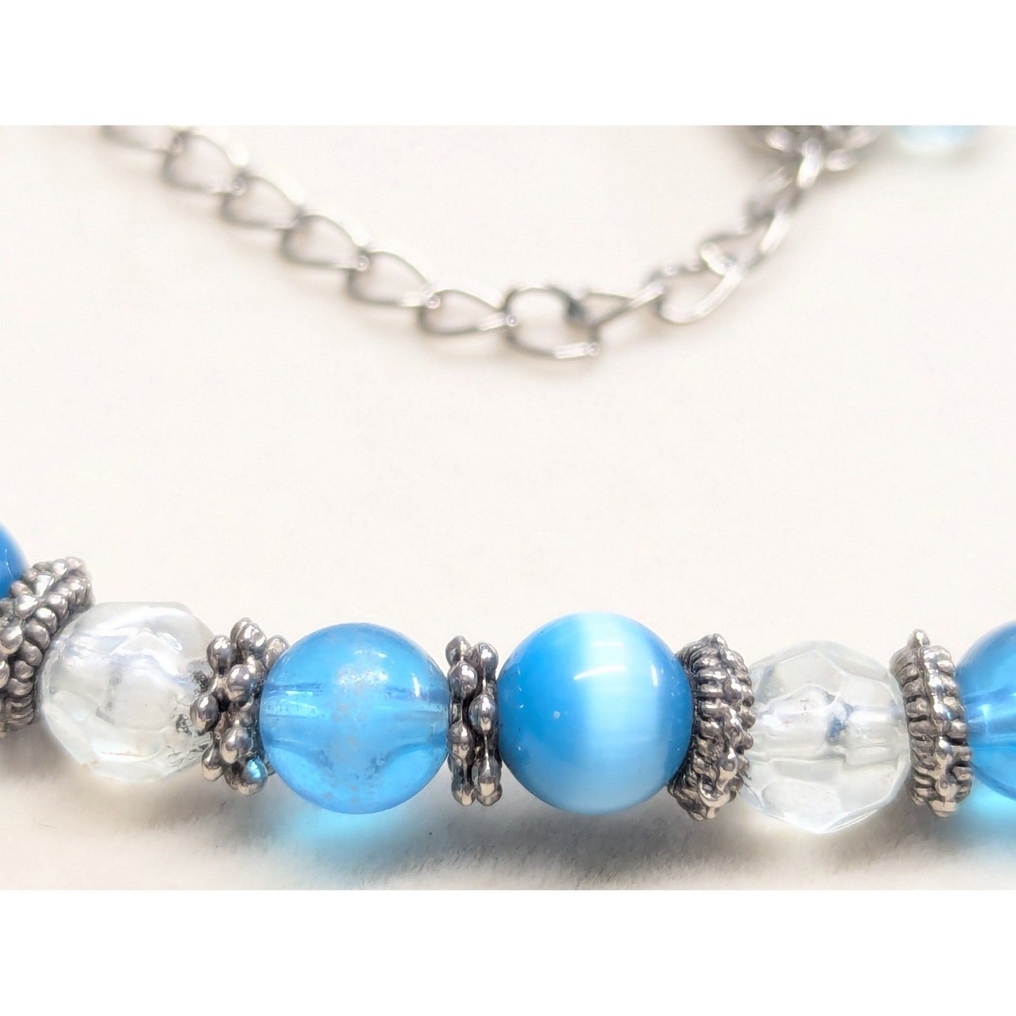 Vintage Beaded Necklace Blue Cats Eye Glass Silver Tone Boho Strand Clear Beads