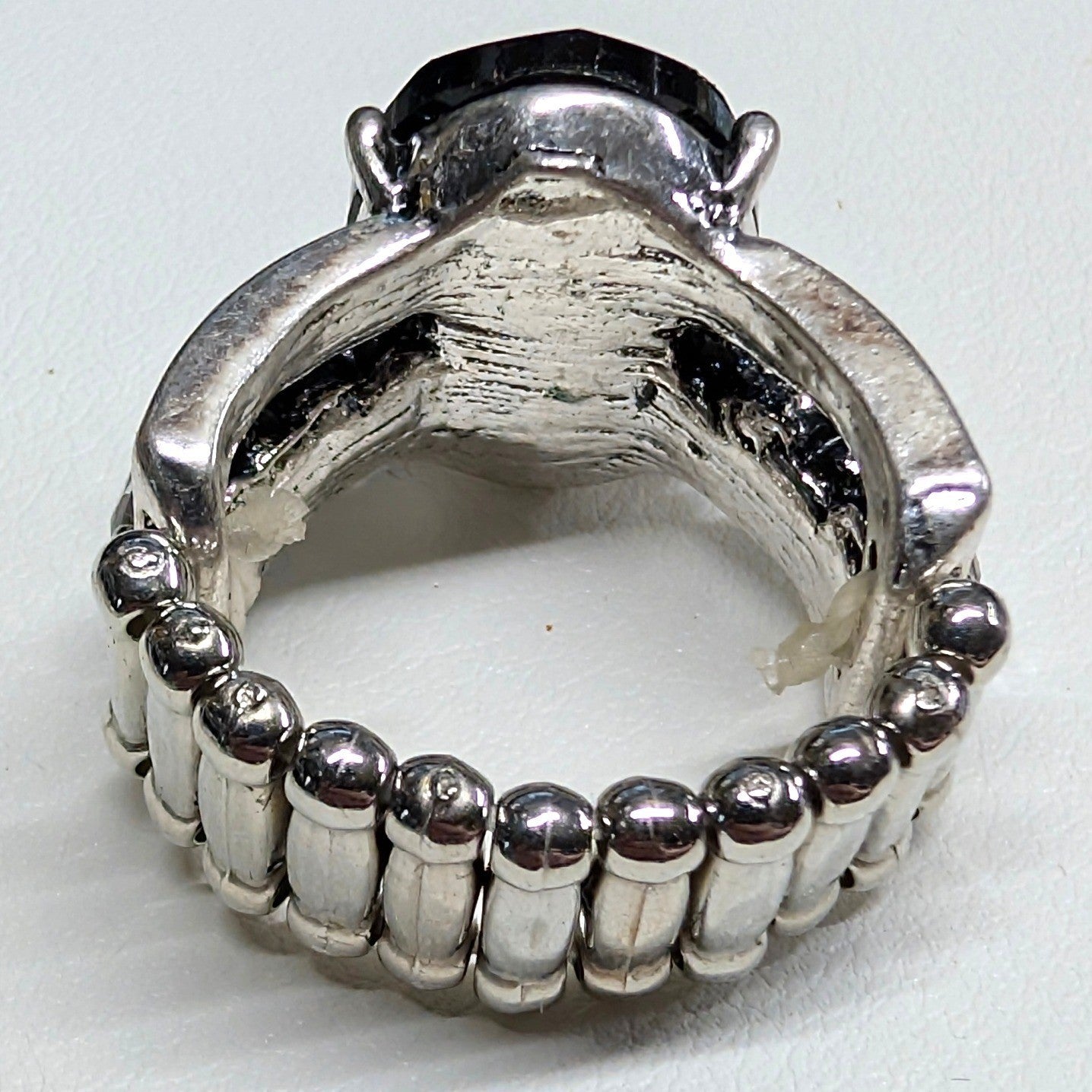 Black Oval Faceted Stone Stretch Ring SilverTone Clear Rhinestone Bold Statement