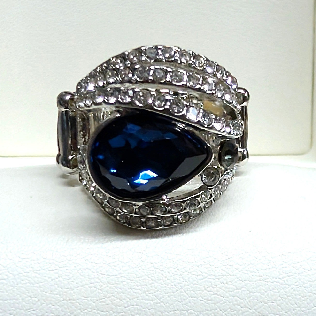 New Chunky Statement Ring Stretch Pear Blue TearDrop Stone Rhinestone SilverTone