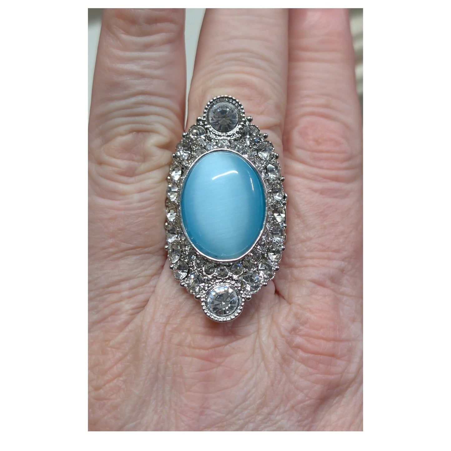 New Big Blue Faux Cat Eye Moonstone Rhinestone Statement Ring SilverTone Stretch