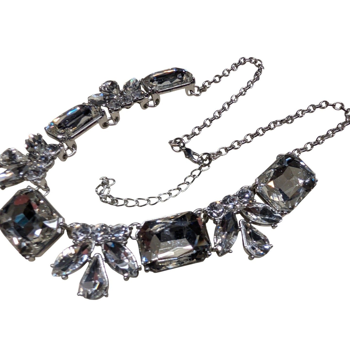 New Chunky Clear Crystal Statement Necklace SilverTone Rhinestones Bib Sparkly