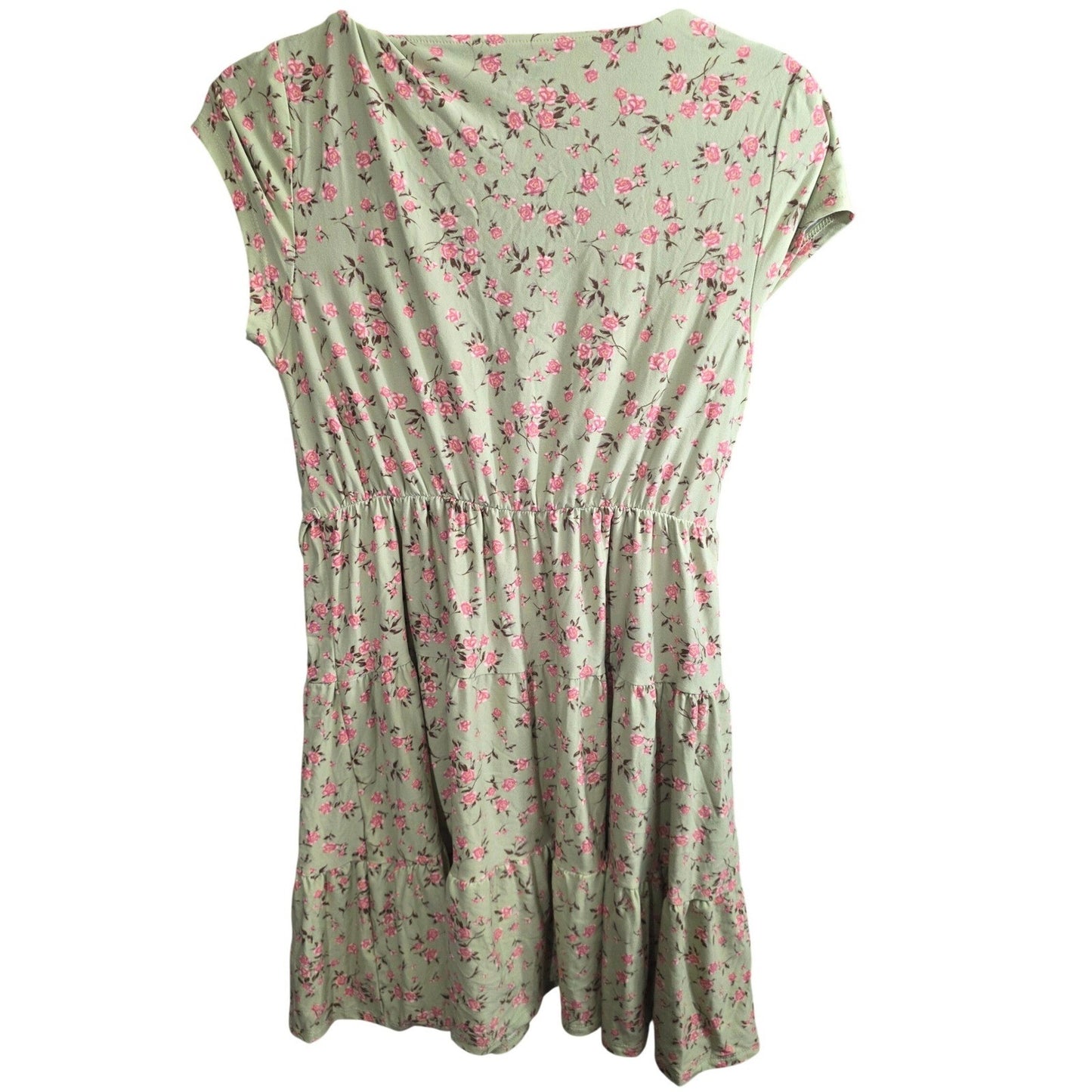 No Boundaries Floral Tiered Faux Wrap Dress Medium M 8 10 Green Pink Peach Soft