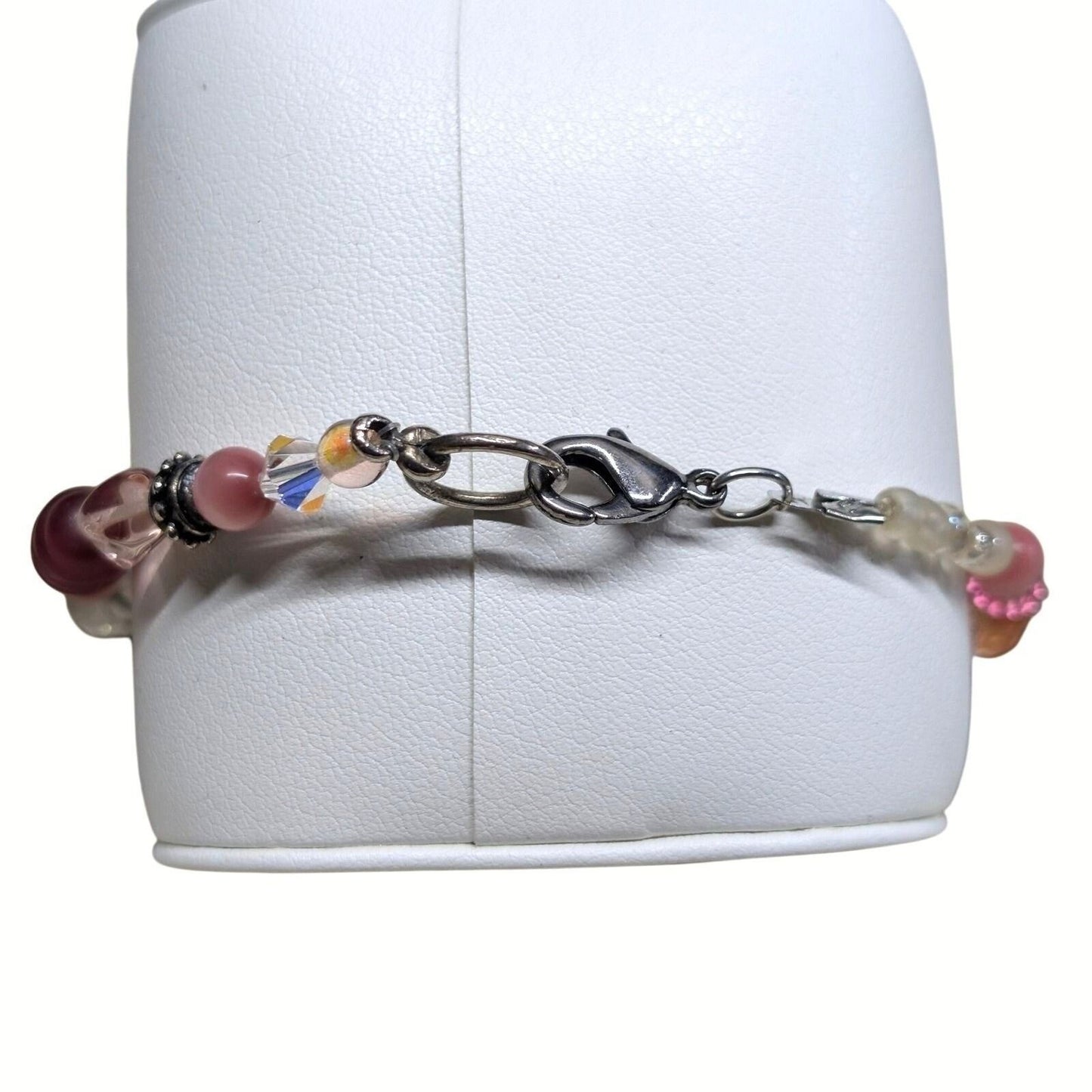 Handmade Pink Beaded Bracelet Pink Cat Eye Silver Tone Crystal Glass 8.5 Large