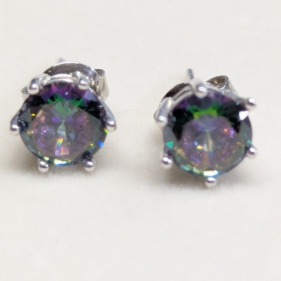 New Mystic Stud Earrings Iridescent Round Silvertone Jewelry Store Quality