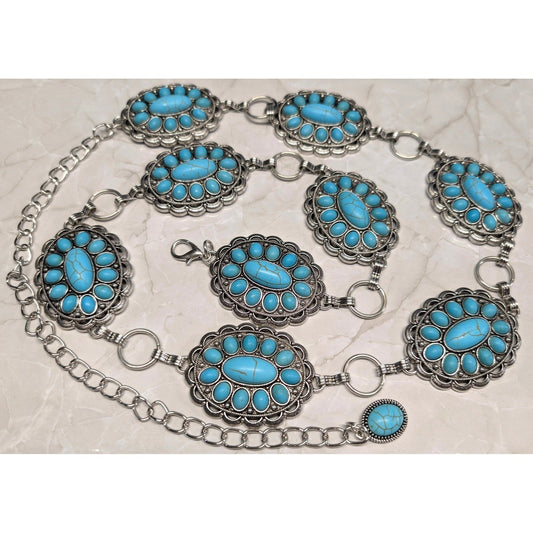 New 46" Western Concho Chain Belt Silver Tone Faux Turquoise Stone Oval Filigree