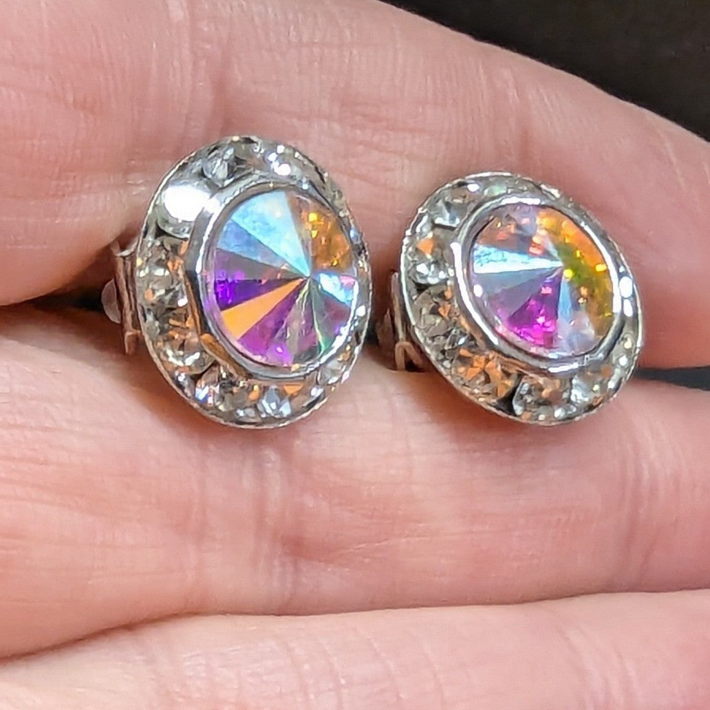New Aurora Borealis AB Halo Rhinestones Clip On Earrings Silver PLated Wedding