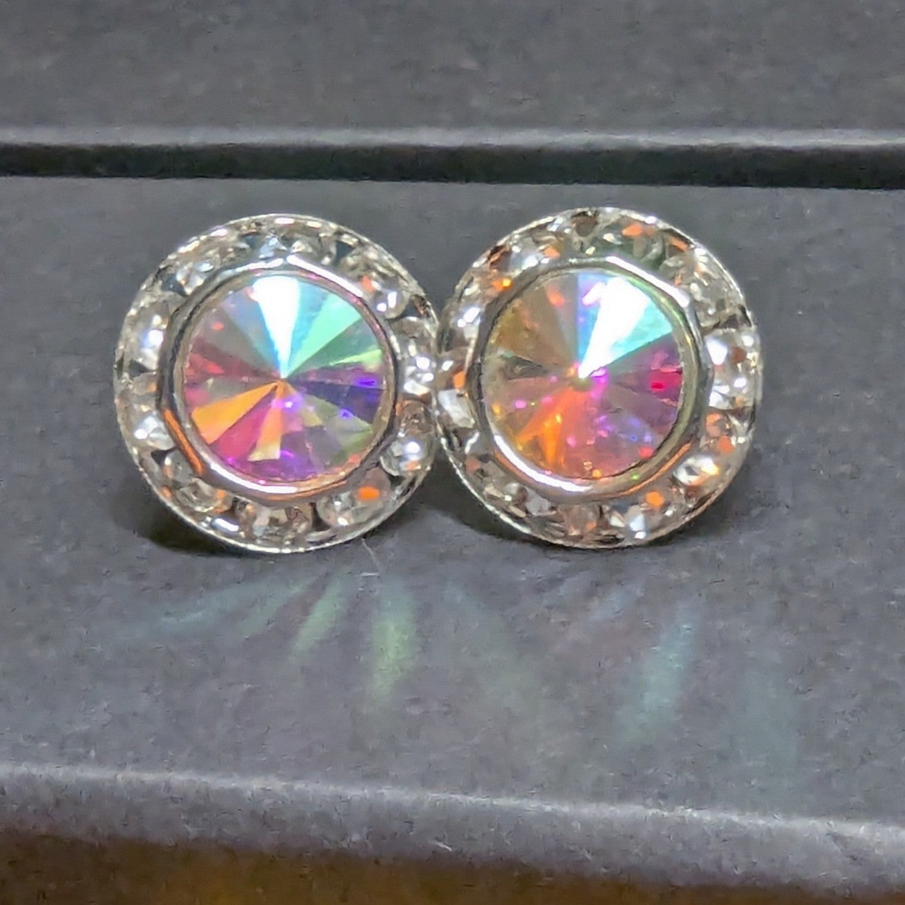 New Aurora Borealis AB Halo Rhinestones Clip On Earrings Silver PLated Wedding