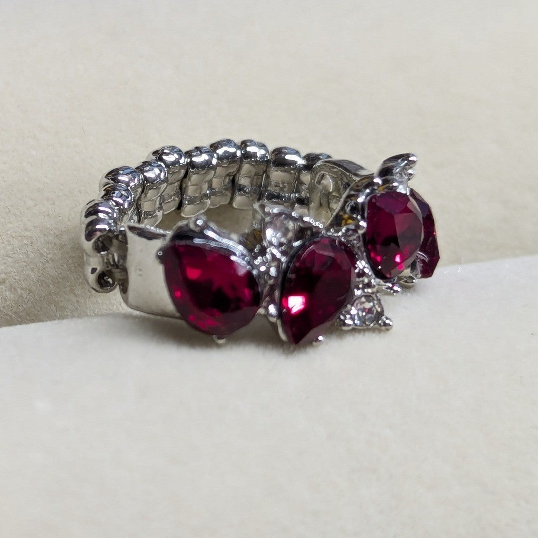 New Red Clear Rhinestone Stretch Ring Silvertone Pear Cut Teardrop Plus Size