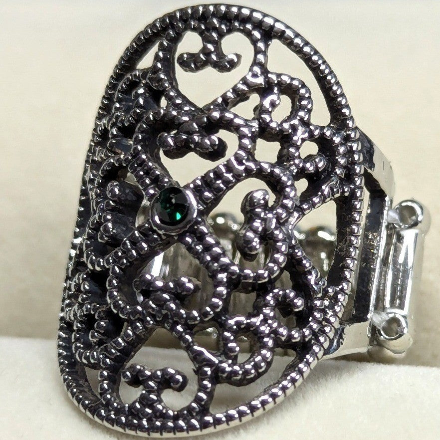 New Filigree Shield Ring SilverTone Green Rhinestone Stretch Band Plus Size Oval