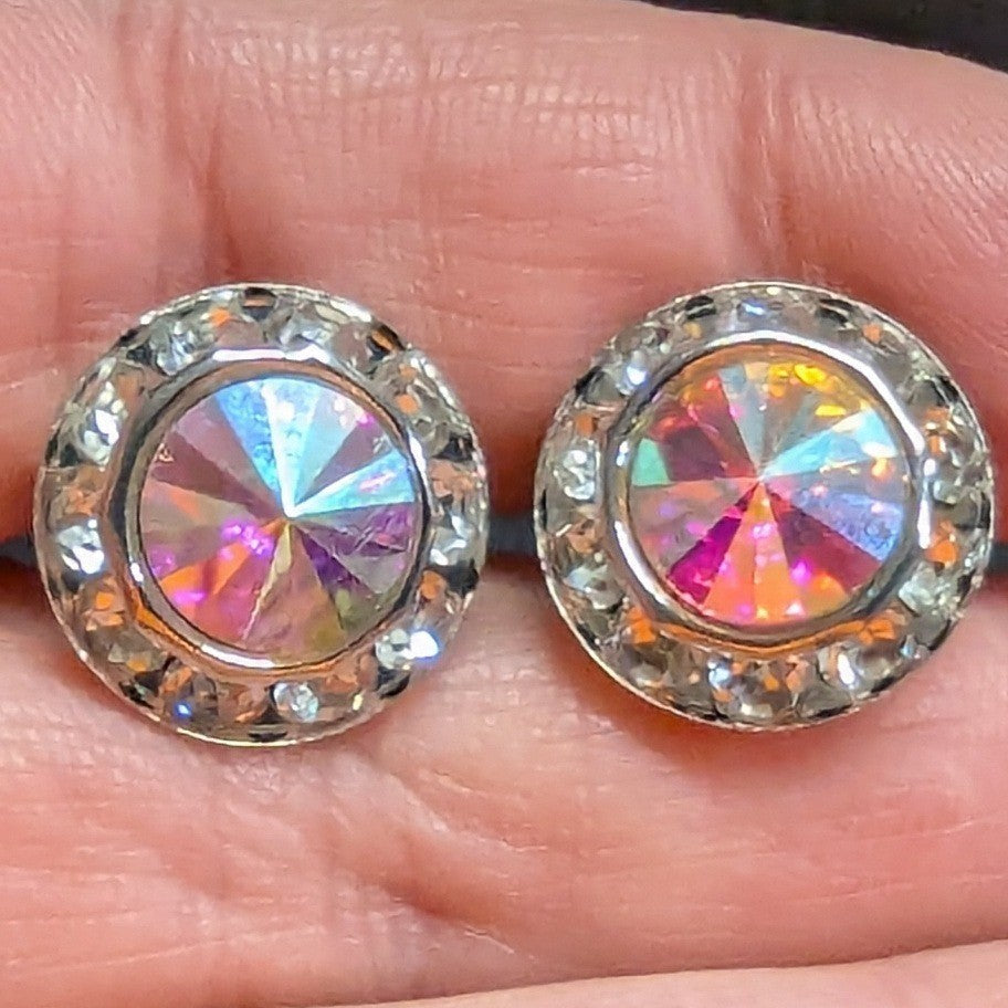 New Aurora Borealis AB Halo Rhinestones Clip On Earrings Silver PLated Wedding
