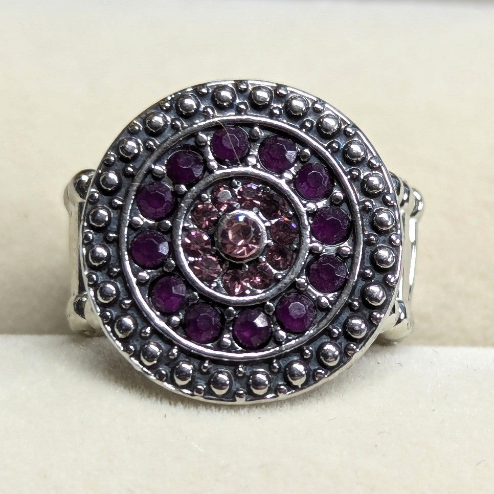 New Mandala Medallion Ring Purple Pink SilverTone Rhinestones Stretch Round Boho