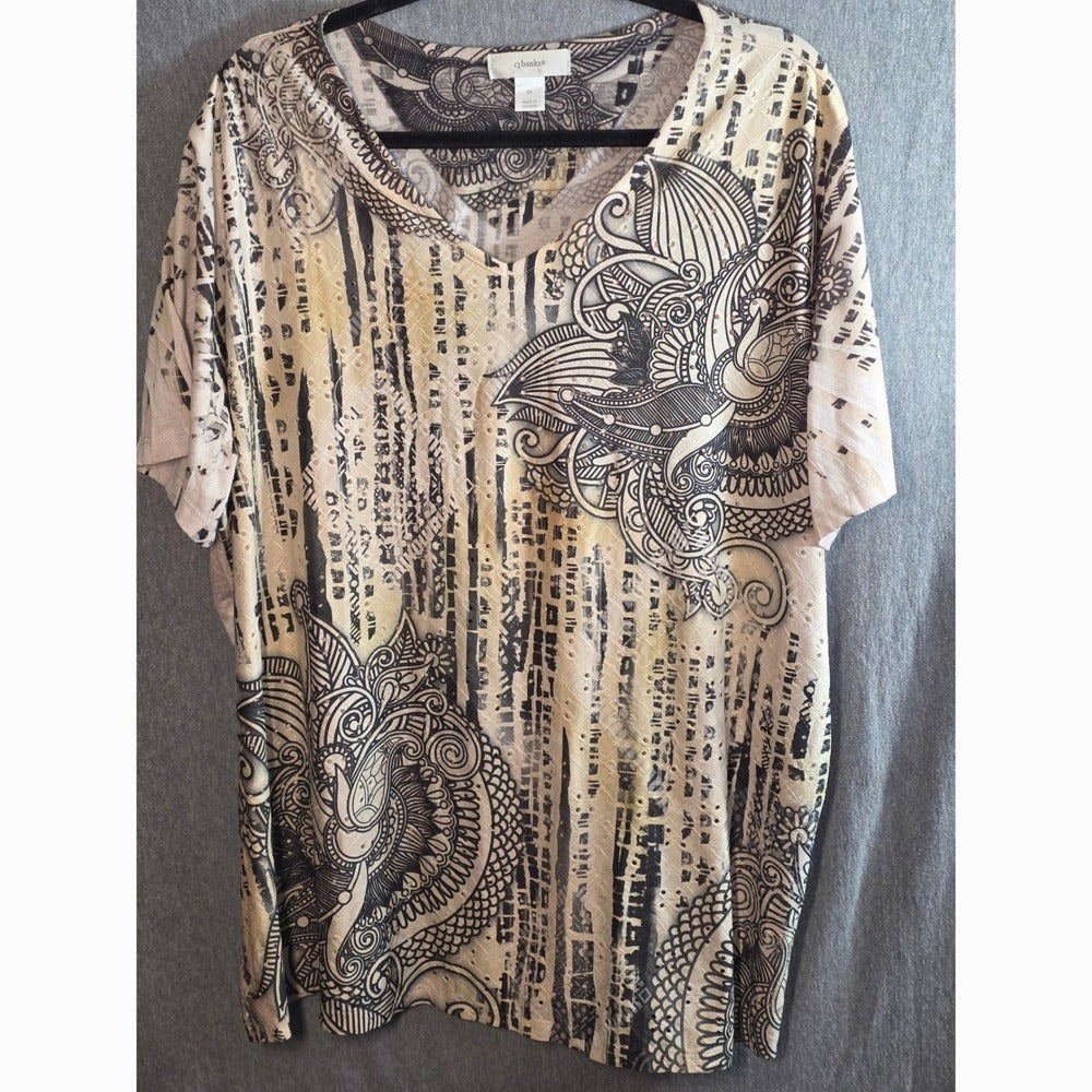 CJ Banks Top Plus Size 3X Eyelet Beige Paisley‎ Abstract Short Sleeve Pullover