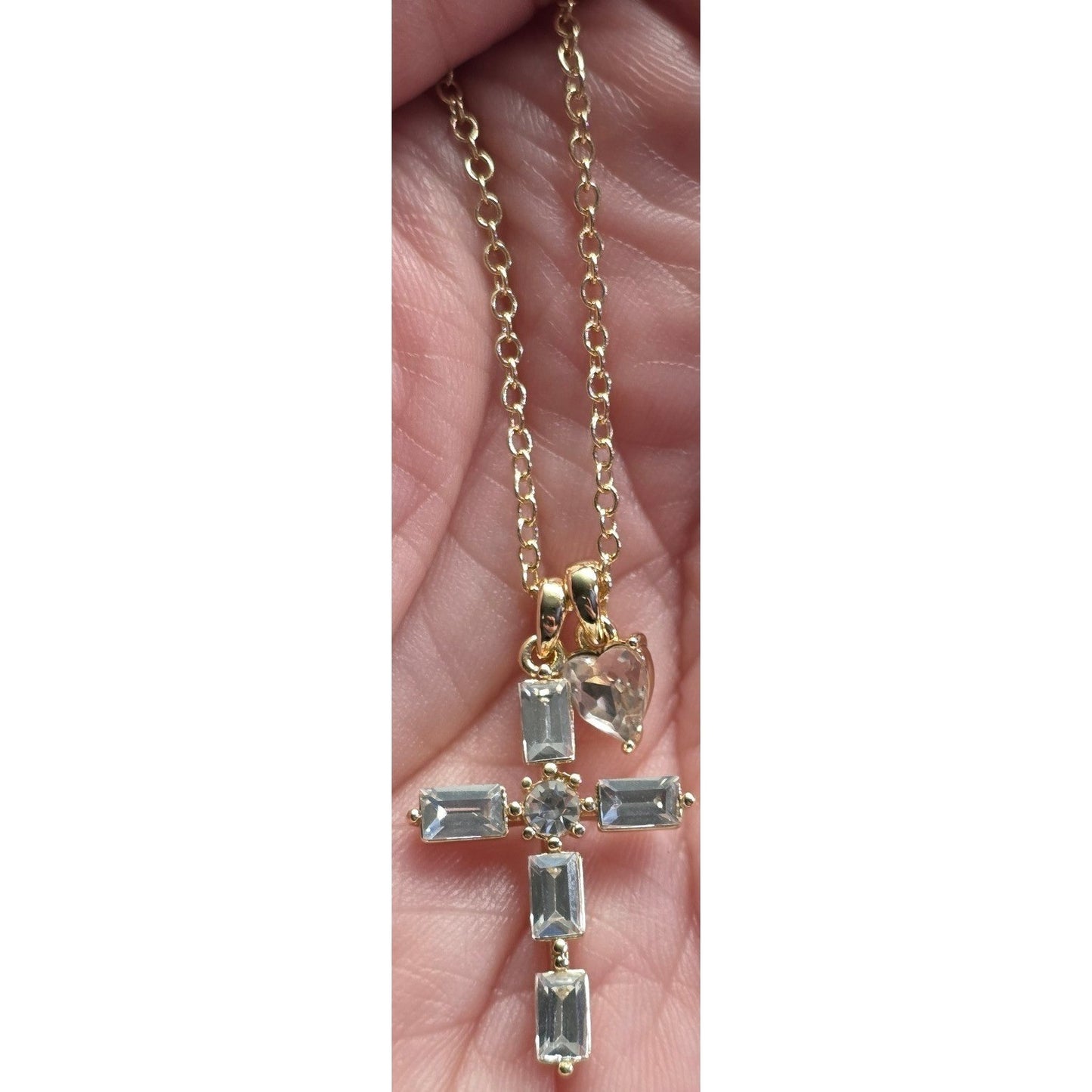 New Gift Box Gold PLated Cubic Zirconia CZ Cross Heart Pendants Necklace Charm