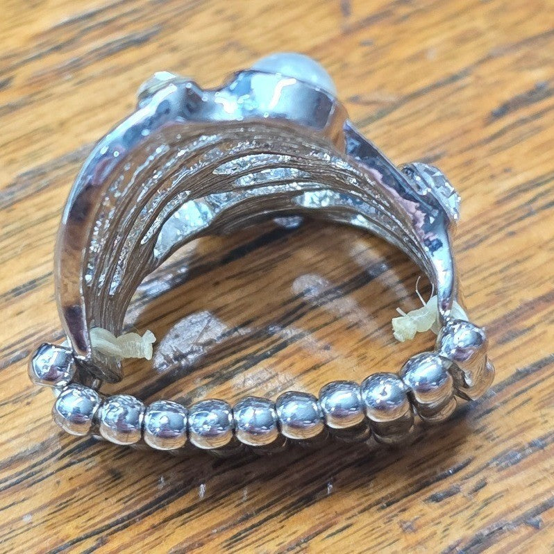 New Faux Pearl Clear Rhinestone Stretchy Ring Plus Size Silver Tone Swirl Design