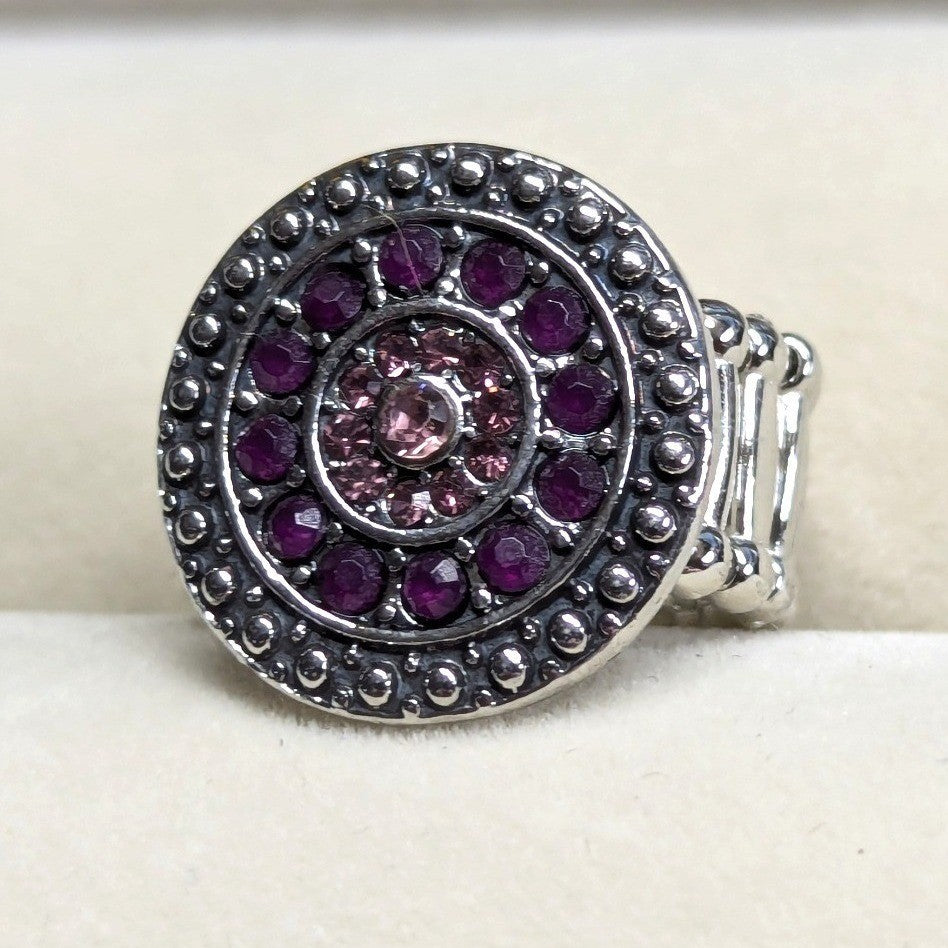 New Mandala Medallion Ring Purple Pink SilverTone Rhinestones Stretch Round Boho