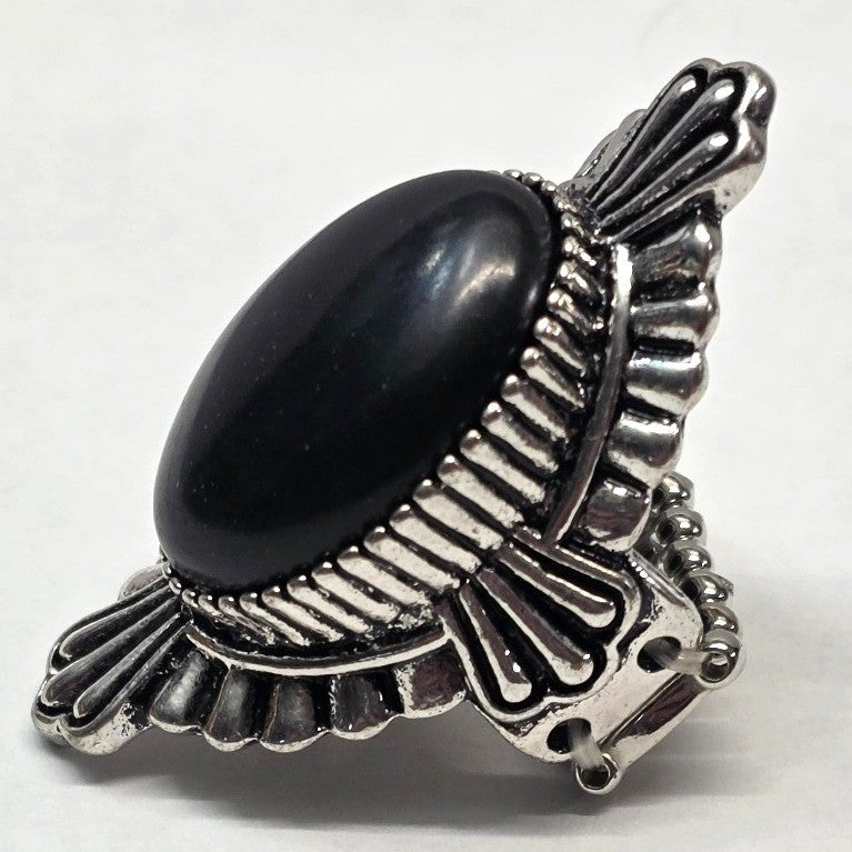New Huge Ring Women Black Oval Stone Silver Tone Stretch Band Heavy Statement