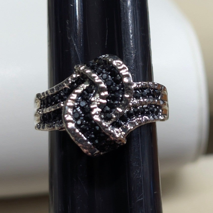 New Black Twist Knot Ring Plus Size 8.5 Silver Tone Statement Pave Rhinestones