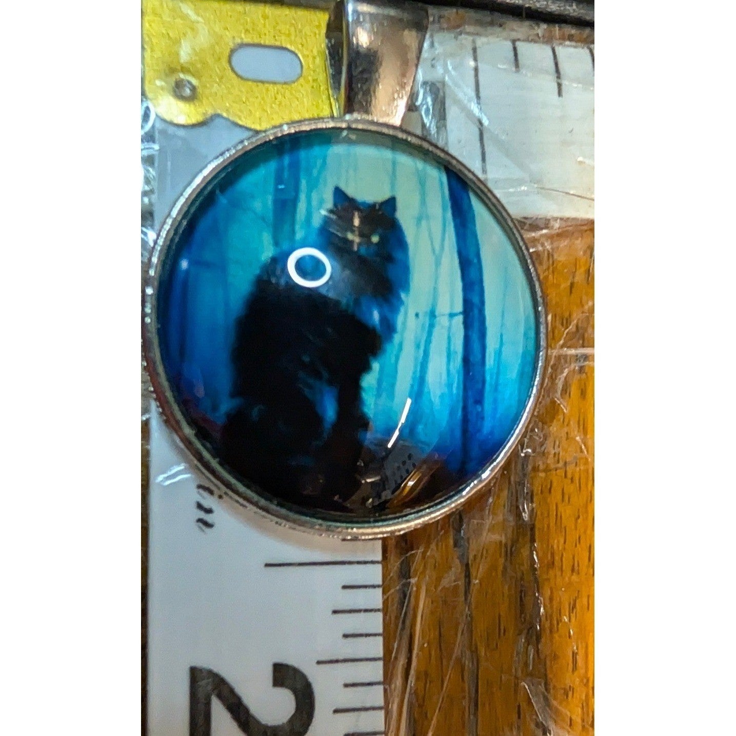 Vtg New Black Maine Coon Siberian Cat Feline Kitty Forest Pendant Glass Cabochon
