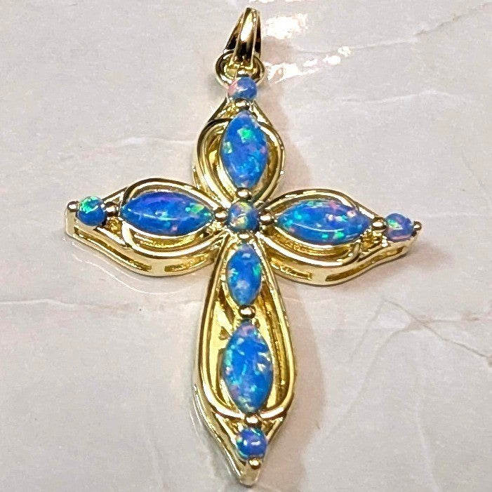 Blue Fire Lab Opal Cross Pendant 1.5 Inch 14K GP Gold PLated Marquise Filigree