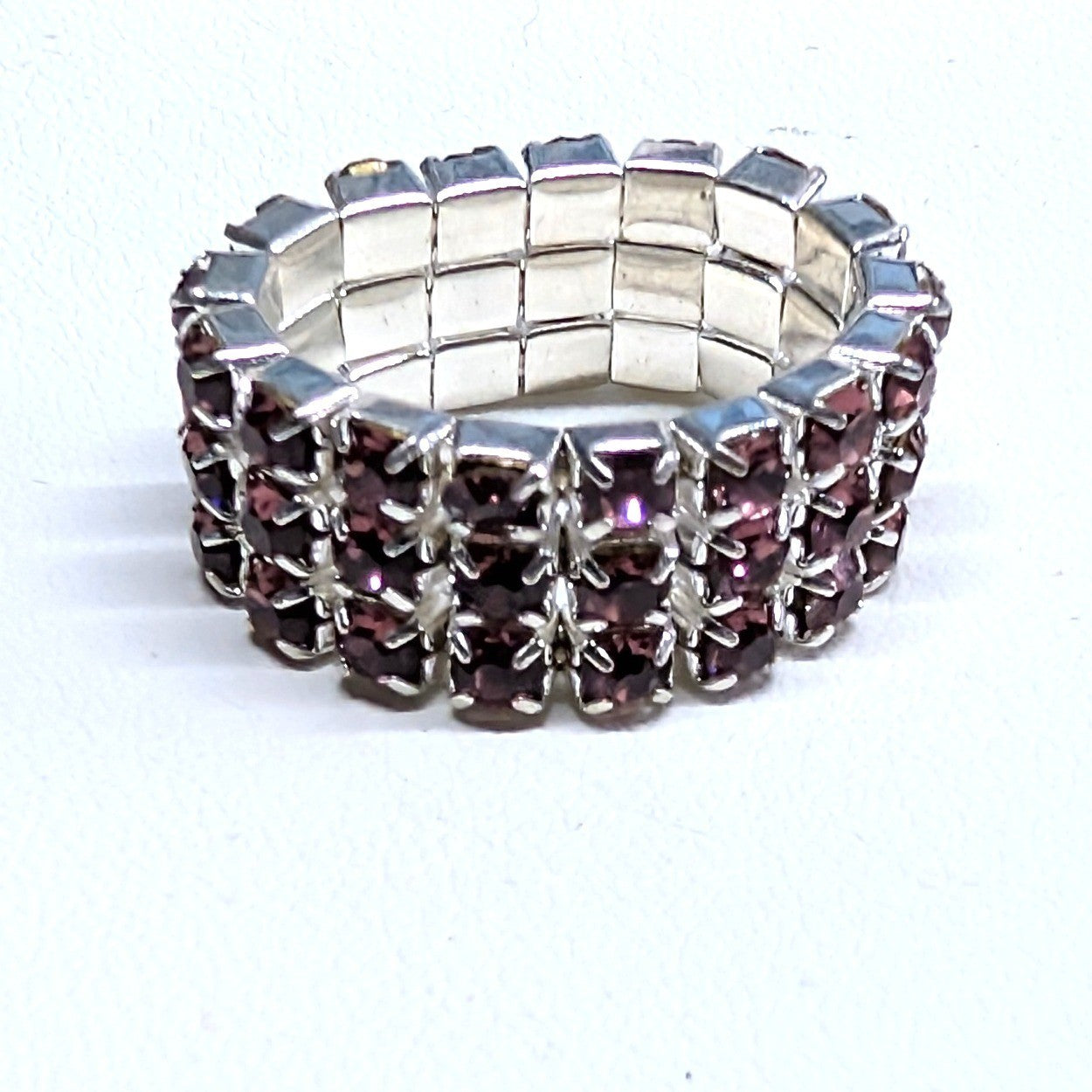 New Triple 3 Row Rhinestones Stretch Ring Pink Purple SilverTone Band Barbiecore