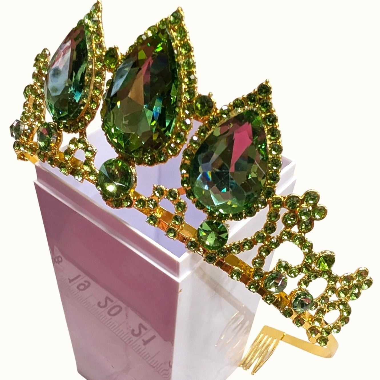 New Tiara Crown Green Gold Tone Rhinestone Crystal Teardrop Pageant Crown August