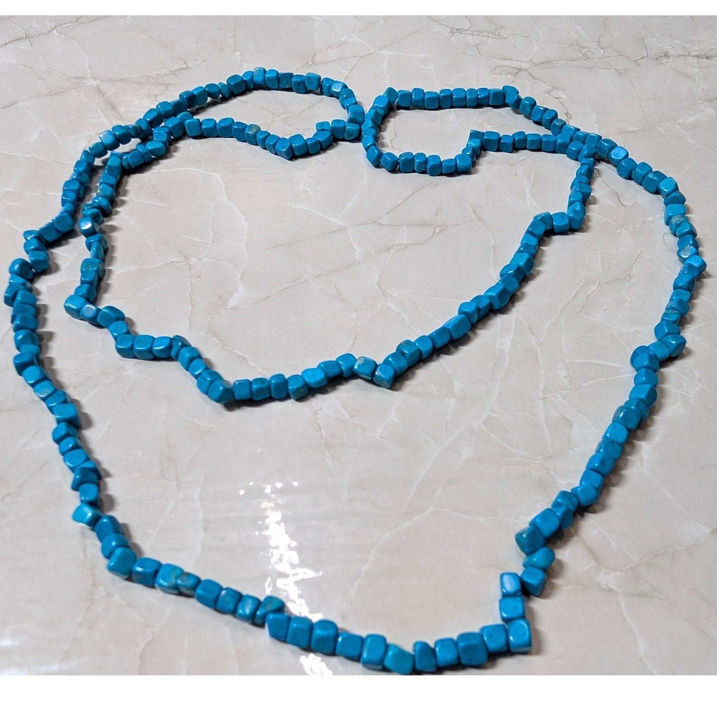 Faux Turquoise Blue Beaded Necklace Square Cube Stone Long Strand Boho Howlite