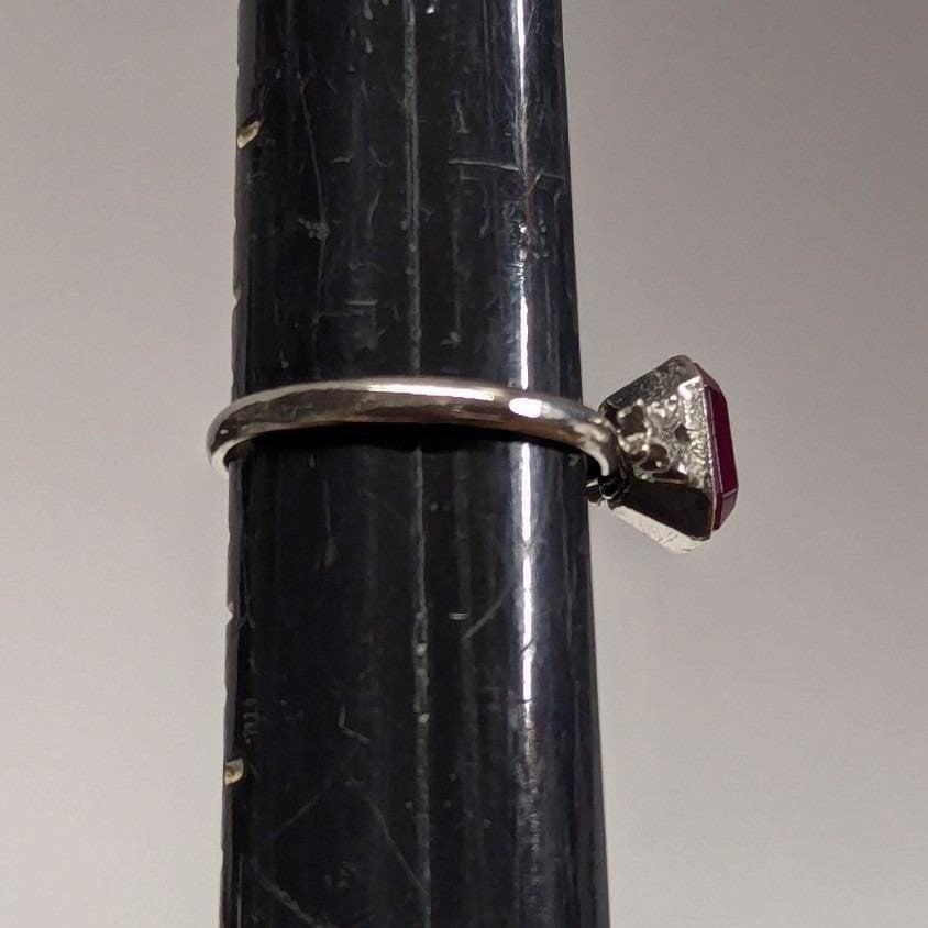Vintage Uncas Faux Ruby Red Emerald Cut Ring Adjustable Silver Tone Filigree