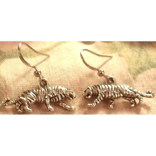 New Tiger Big Kitty Cat Feline Drop Earrings Silver Tone Safari Jungle Animal
